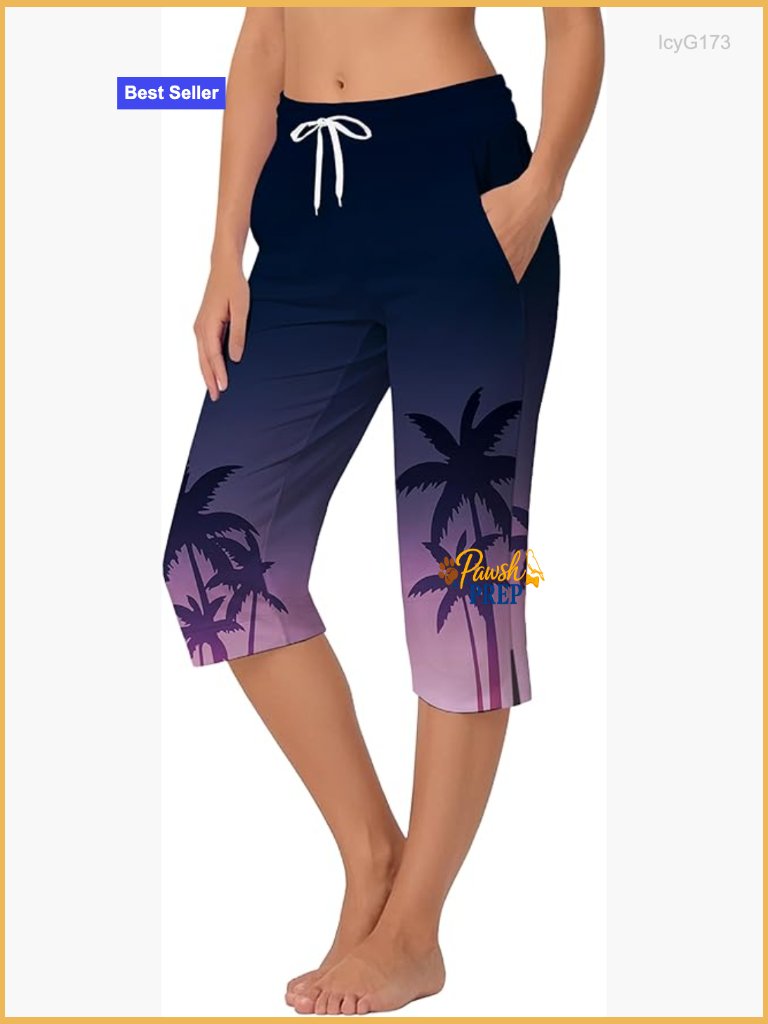 Quick Dry Swim Capris Pants With Pockets, Elastic Waist, Under-Knee Length